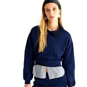 J.Crew Navy Crewneck Sweatshirt Crystal Sequin Embellished Collar Collar Size M